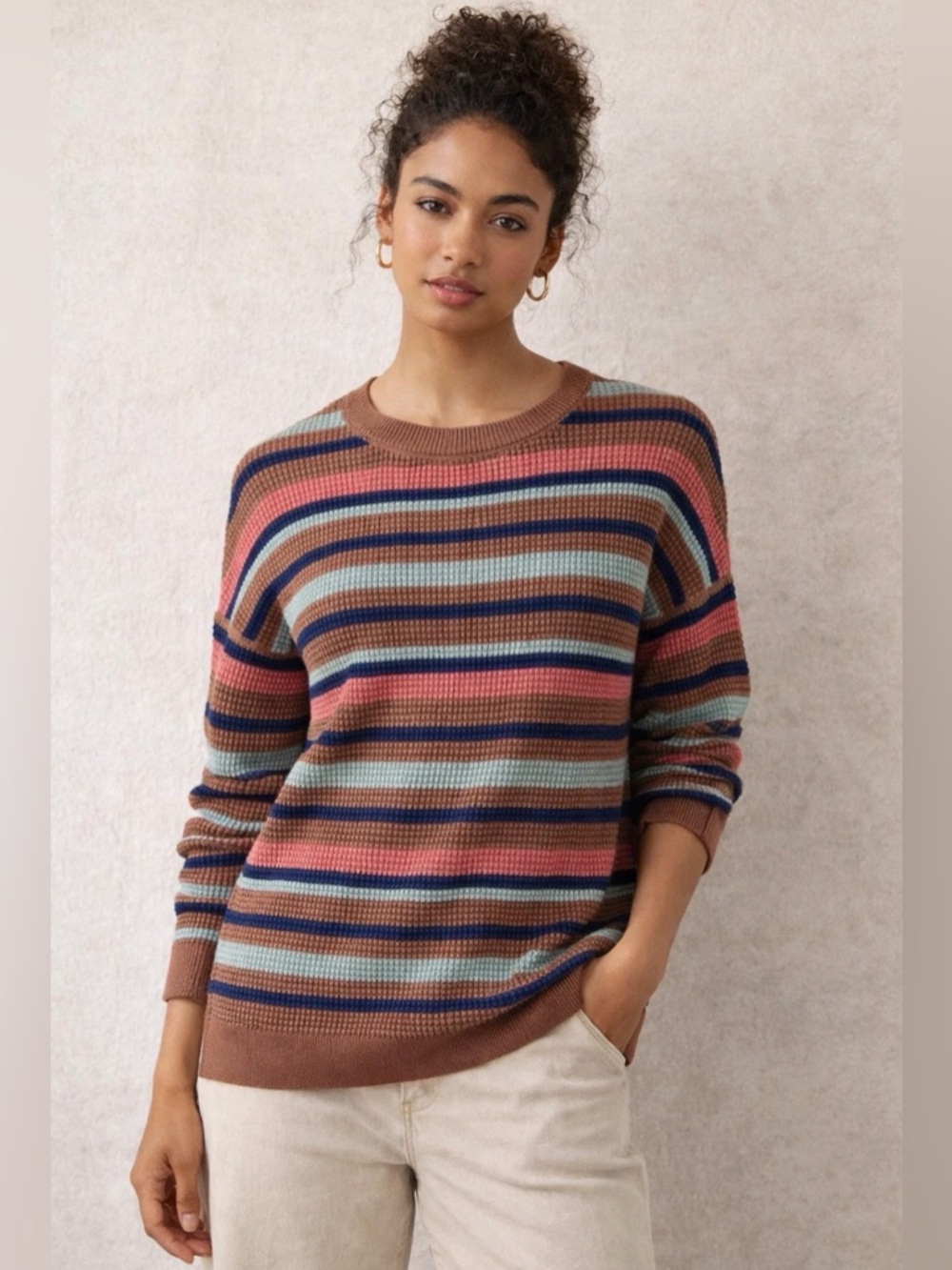 REI Cooperative Sweater Striped Waffle Brown Pink Pullover 100% Cotton Women L